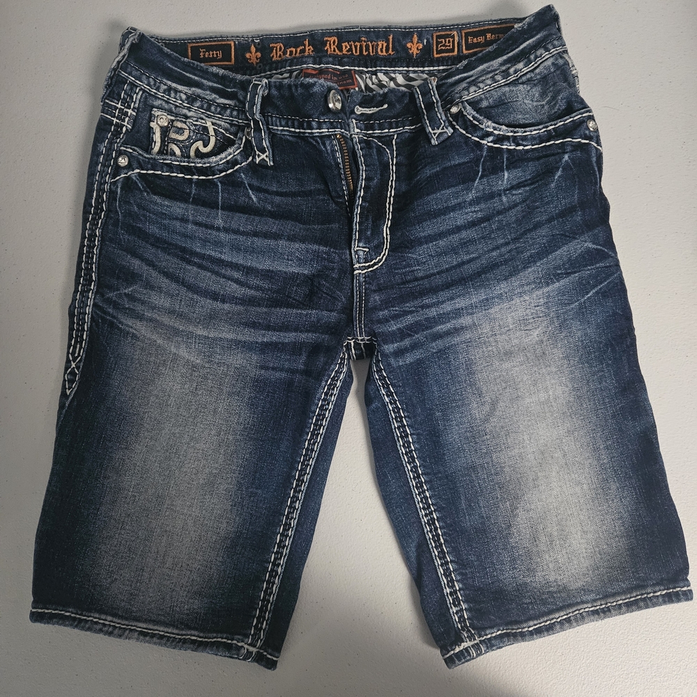 Rock Revival Dark Wash Denim Shorts with Contrast Stitching